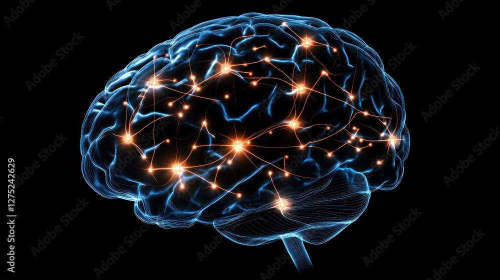 Poster a digital representation of a brain with interconnected neural pathways and glowing nodes.