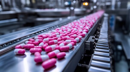Obraz premium Pink pills conveyor belt factory production line