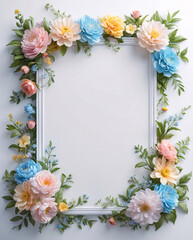 Fresh pastel floral frame around a white tray for clean product photography with delicate details and styling for Copyspace and Text Background