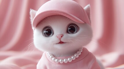Obraz premium Cute kitten pink hat studio portrait, fabric background, pet fashion