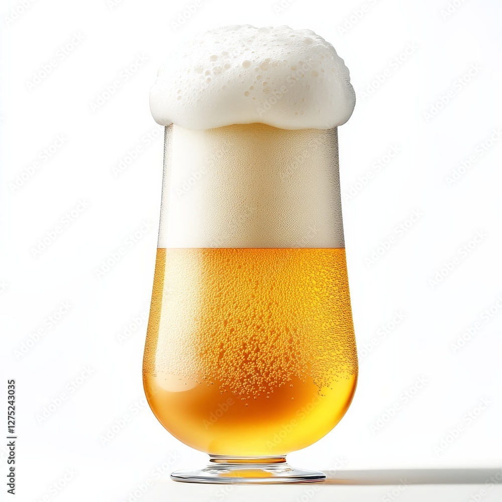 Poster a refreshing glass of golden beer: capturing the effervescence and rich foam on a clean white backgr