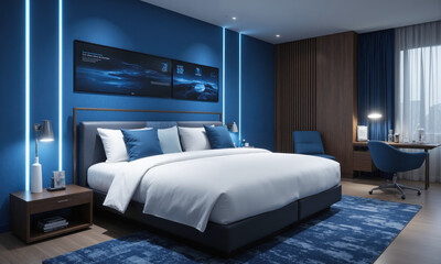 AI-integrated guest room in ocean blue, with smart beds that adjust to each guest's preferences, offering personalized comfort, and interactive