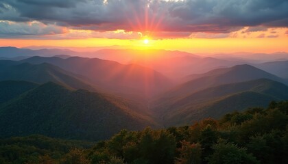 Panoramic sunset over Blue Ridge Mountains, Blue Ridge Parkway. Sun rays shine through clouds over green hills. Scenic nature landscape ideal for travel, vacations, tourism themes.