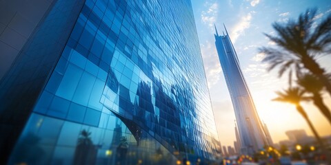 Modern skyscrapers reflecting sunlight in riyadh, saudi arabia at sunset