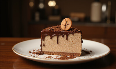 A beautifully decorated mocha mousse cheesecake, with a rich, velvety mousse filling and a light, crumbly crust. The cheesecake is