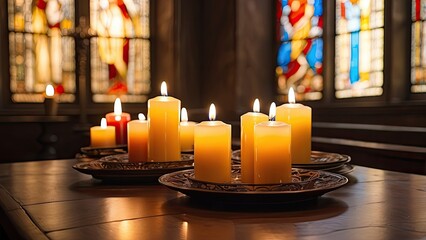 Lit candles of various sizes on a table with blurred stained glass windows and warm lighting in the background.