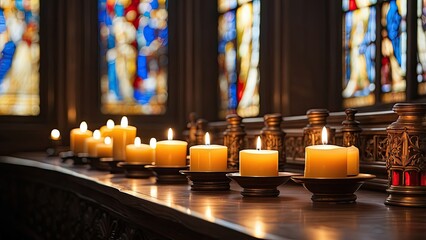 Lit candles of various sizes on a table with blurred stained glass windows and warm lighting in the background.
