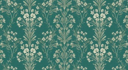 Floral pattern, white flowers, green background, vintage botanical illustration, symmetrical design, delicate petals, decorative wallpaper, Victorian style, elegant motif, seamless repeat, soft contra