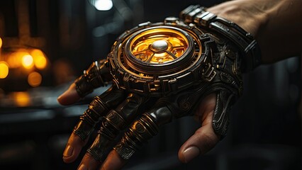 Close-up of a hand holding a glowing gear in a dimly lit workshop