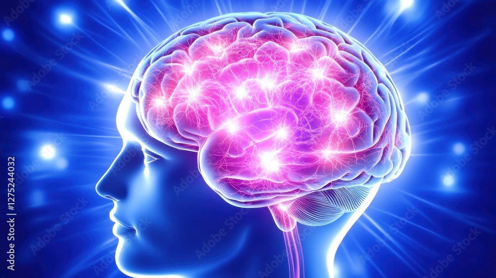 Poster a glowing brain illustration representing neural activity and cognitive processes.