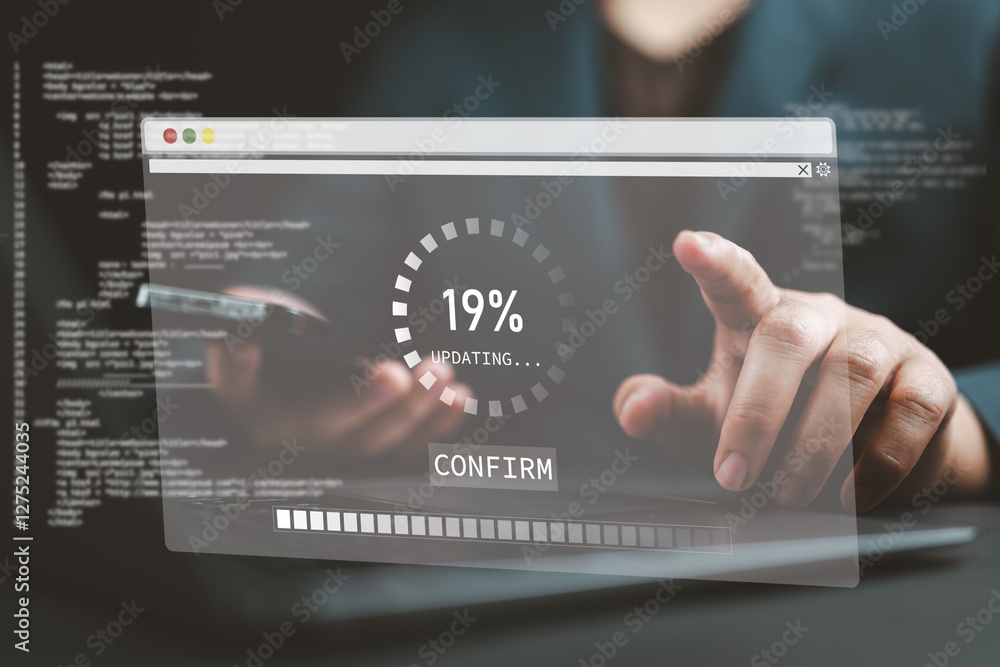 Aufkleber Update software application and hardware upgrade technology concept, Firmware or Operating System update, Man using laptop with comfirm button and percent progress bar screen. Installing app patch.