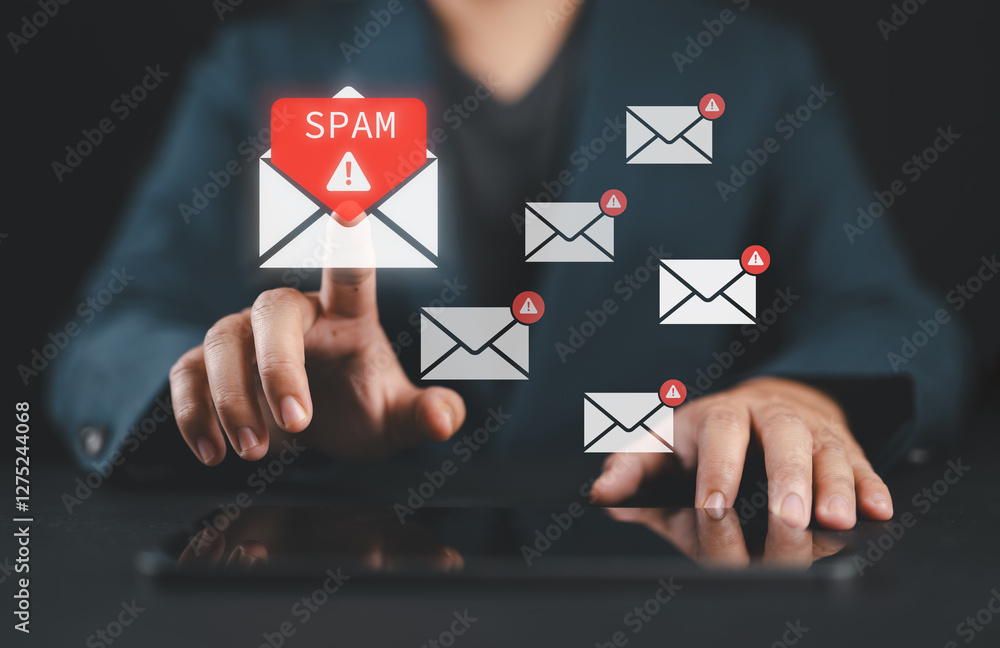 Poster Cyber security awareness. Suspect emails alert. Email inbox with spam virus message caution sign for notification on internet threat security. Harmful, junk mail and Trash, Spam email pop up warning.