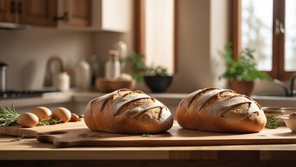 crusty artisan loaves with cross-shaped cuts on top rest on a wooden cutting board