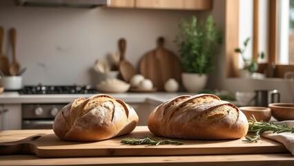 crusty artisan loaves with cross-shaped cuts on top rest on a wooden cutting board