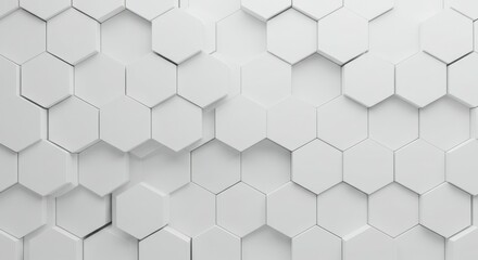 Naklejka premium Geometric abstract wall texture, hexagonal pattern, white and light gray, 3D effect, soft shadows, minimalist design, architectural detail, clean lines, monochromatic, subtle relief, modern interior, 