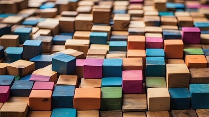 A colorful arrangement of small, rectangular wooden blocks,