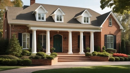 A stately brick colonial house surrounded by lush greenery and neatly trimmed hedges.