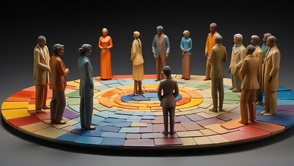 A central blue figure stands on a multicolored target-like surface with concentric circles