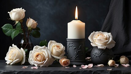 "White Candle with Roses and Flower Petals: Funeral Memorial, Sympathy, and Condolence Card for Death Notice"
