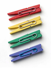 pile of colorful clothes pegs, Set of colored paper clips - stock