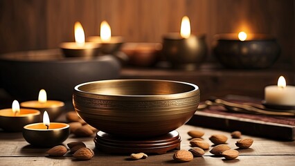 "Metal Singing Bowl and Wooden Mallet: Studio Photography