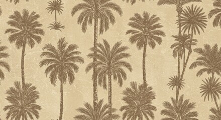 Fototapeta premium Vintage tropical wallpaper pattern, sepia-toned palm trees, repetitive botanical design, retro illustration style, exotic foliage, monochromatic desert oasis, antique botanical print, palm fronds silh