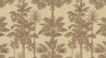 Vintage tropical wallpaper pattern, sepia-toned palm trees, repetitive botanical design, retro illustration style, exotic foliage, monochromatic desert oasis, antique botanical print, palm fronds silh