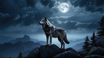 A silhouetted wolf howling against a large,