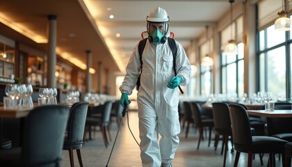 Pest control contractor in protective gear sprays upscale restaurant interior. Pro sanitation worker provides disinfection service ensuring hygiene safety in dining establishment. Commercial pest