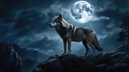 A silhouetted wolf howling against a large,