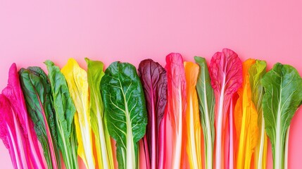 Leafy greens style. Colorful lettuce leaves arranged on a pink background.