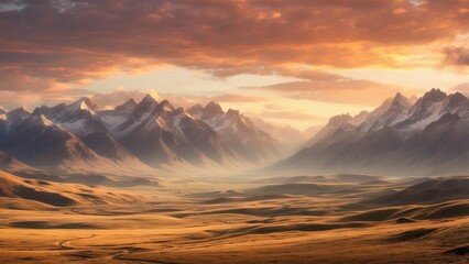 A dramatic mountain landscape at sunset,