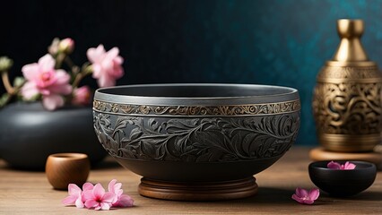"Metal Singing Bowl and Wooden Mallet: Studio Photography