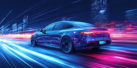 Fototapeta premium Electric car speeding through neon cityscape at night vibrant motion