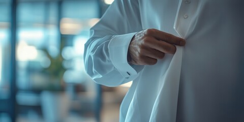 Businessman buttoning white shirt in modern office, getting ready for work in saudi arabia