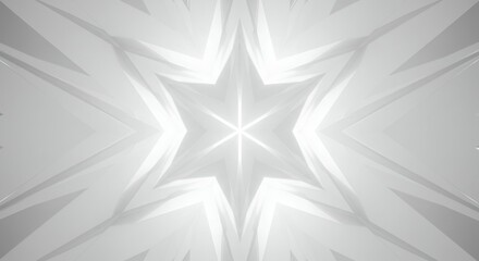 Abstract geometric pattern, symmetrical star shape, white on light gray background, faint texture, minimalist design, soft glowing effect, clean lines, radial composition, subtle gradients, ethereal a