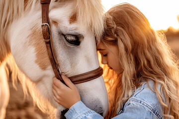 Girl hugging horse sunset field friendship