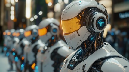 Fototapeta premium Robots standing city background futuristic tech lineup