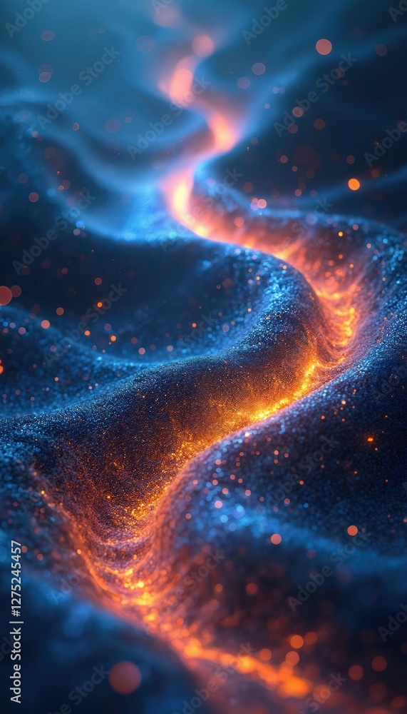 Poster abstract blue and orange glowing particle wave. digital tech background with futuristic design. mode