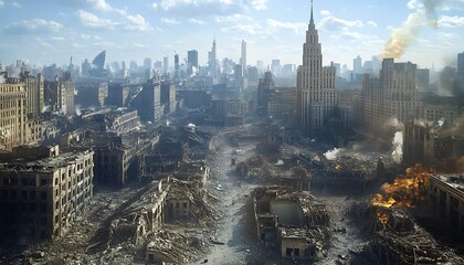 Post-apocalyptic city destruction, aerial view