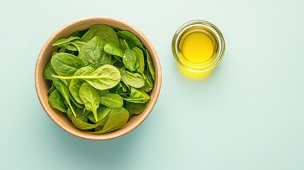 Obraz premium Leafy greens style. Fresh spinach leaves in a bowl with olive oil on a light background.