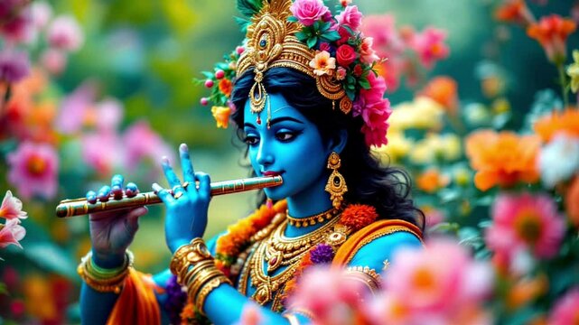 Divine figure plays a flute amidst vibrant flowers, surrounded by lush greenery.