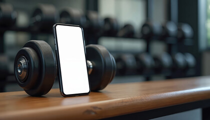 Black smartphone with white screen stands on gym bench near dumbbells. Cellphone for fitness app promo. Blank mockup for sport application on mobile device.
