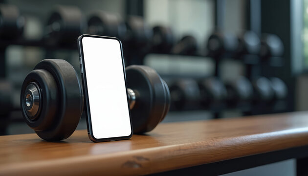 Black smartphone with white screen stands on gym bench near dumbbells. Cellphone for fitness app promo. Blank mockup for sport application on mobile device.