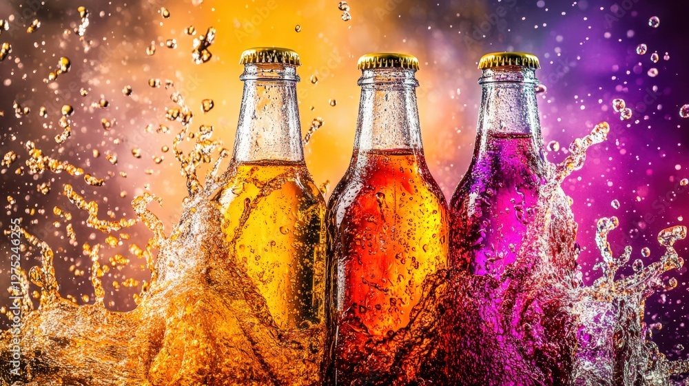 Poster three colorful bottles of soda splashing in vibrant liquid against a dynamic background