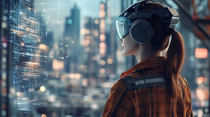 Woman in VR headset views futuristic city.
