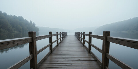 Obraz premium Lonely wooden bridge over a misty river for tranquil and meditative visuals. A weathered wooden bridge arches gently over a calm, mist-covered river.