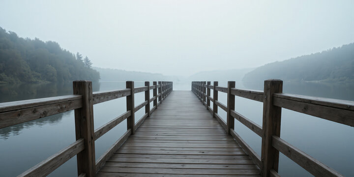 Lonely wooden bridge over a misty river for tranquil and meditative visuals. A weathered wooden bridge arches gently over a calm, mist-covered river.