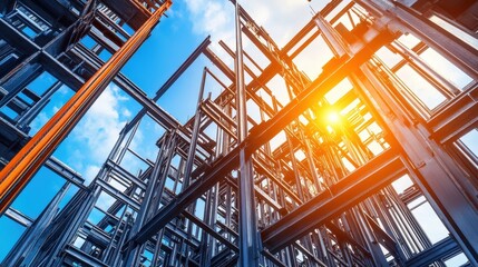 Fototapeta premium Modern Steel Structure Under Construction with Blue Sky Background