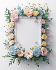 Light pastel flowers framing a white tray for creating delicate and minimalistic product display photography for Copyspace and Text Background